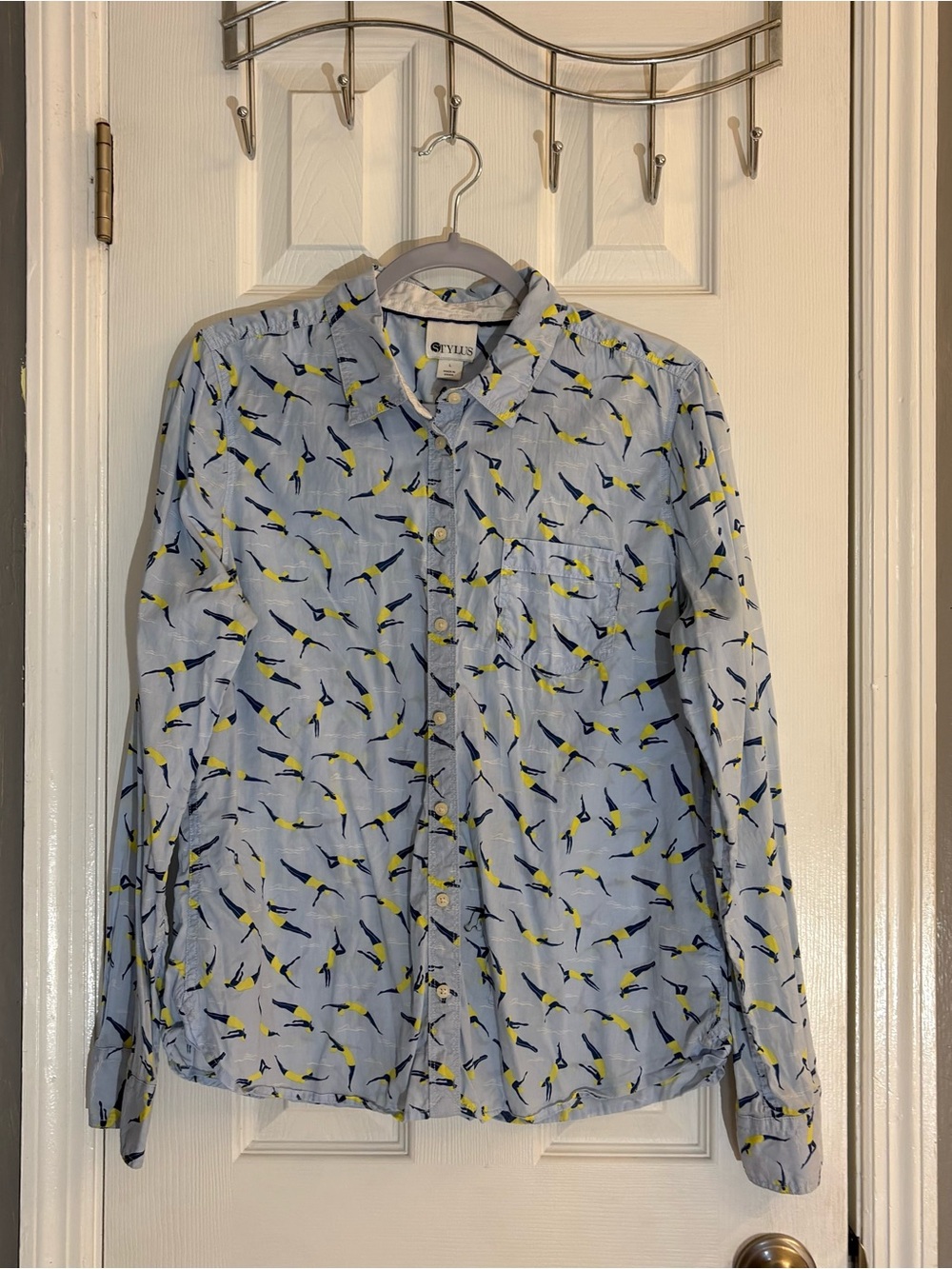 Stylus Women's L Button Down Shirt Blue Yellow Swimmer Divers Cotton Long Sleeve